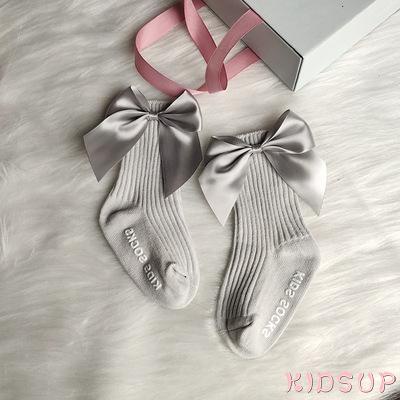 KIDSUP-Kids Cotton Socks, Baby Anti-Slip Medium Tube Socks with Bowknot for Spring Autumn