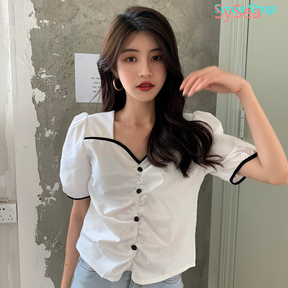 Áo Sơ Mi Trắng Cổ Trụ Tay Phồng Thời Trang Mùa Hè Cho Nữ