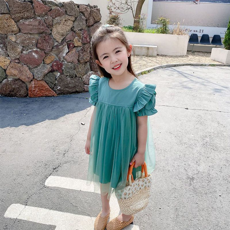 Đầm Công Chúa Tay Cộc Phối Lưới Màu Sắc Trơn Thời Trang Mùa Hè Cho Bé Gái