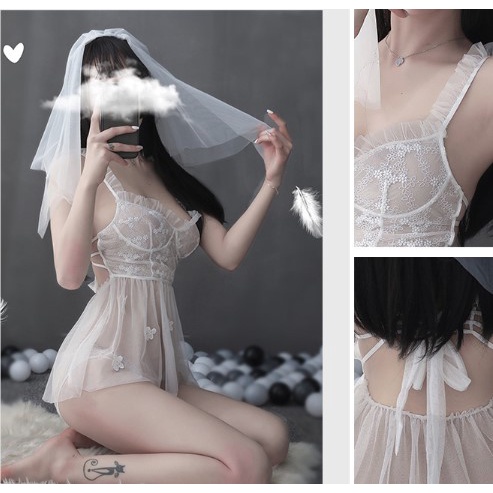 Bộ đồ cô dâu Noel, cosplay sexy váy cô dâu màu trắng kèm lúp cài tóc và quần lọt khe, cosplay váy đính hoa