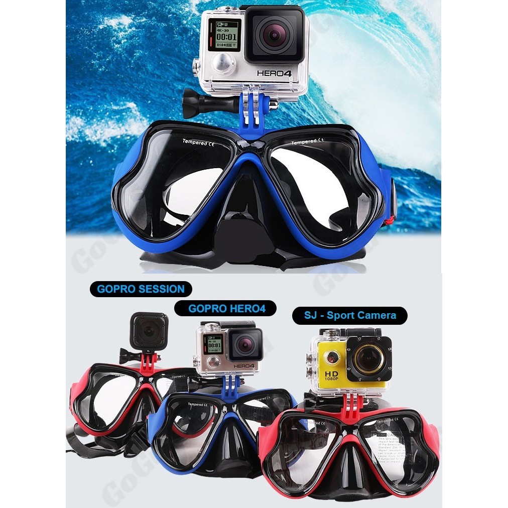 Bộ kính lặn ống thở GOPRO đỏ-mắt KÍNH CƯỜNG LỰC gắn được Gopro, SJCAM, Camera hành trình, ống thở van 1 chiều ngăn nước