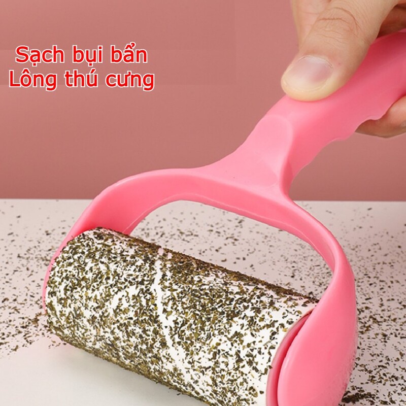 Cây lăn bụi quần áo đa năng lăn bụi giường, lông mèo, sofa, giày dép hiệu quả có tay cầm dài màu hồng