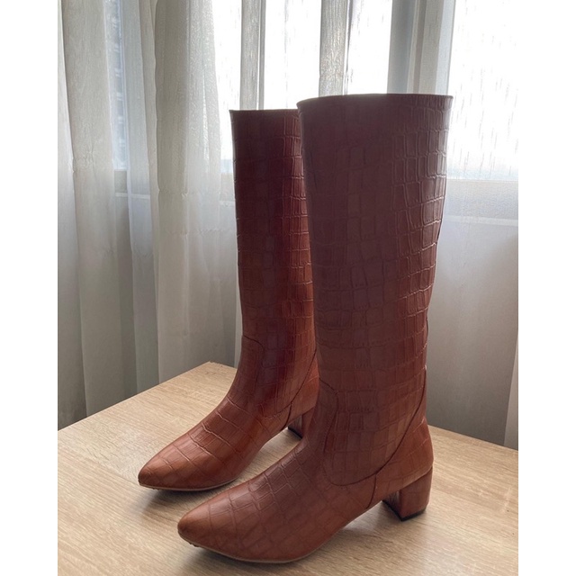 Giày bốt đùi nữ cao cổ da mềm gót thấp Boots cao gót da bò thật màu nâu size 35 Olivia Culpo