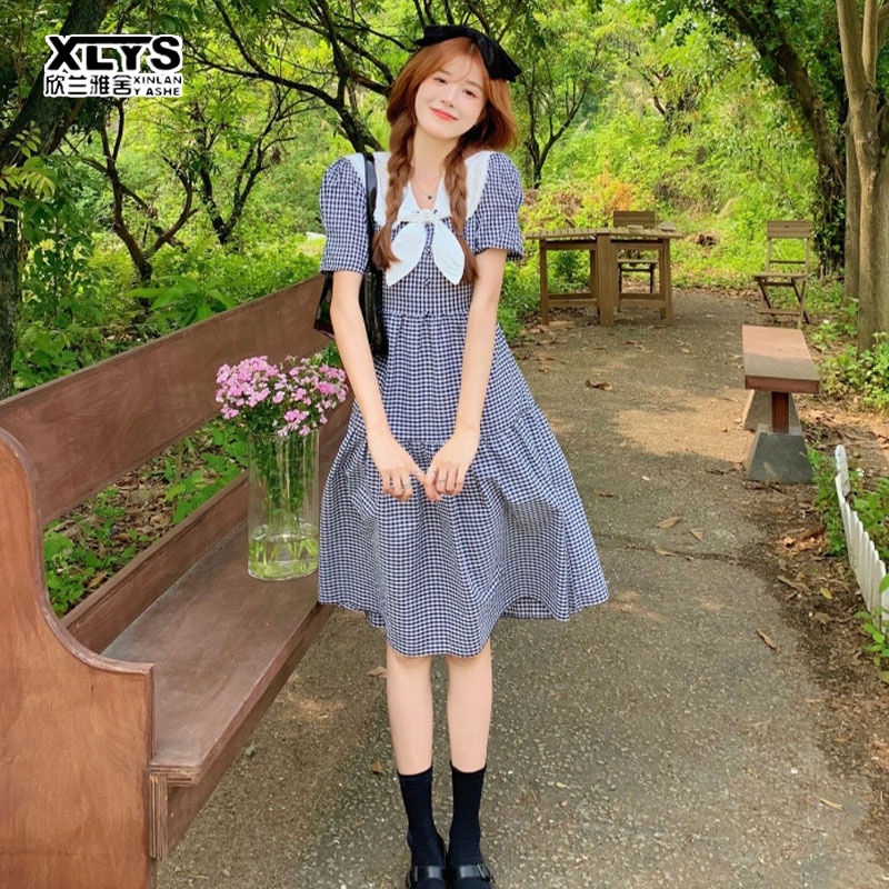 Đầm midi XINLANYASHE tay phồng kẻ sọc caro trắng đen Hàn Quốc cho nữ