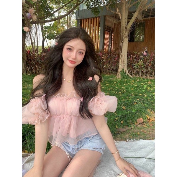 Áo voan trễ vai tay phồng 2 lớp xinh xắn dễ thương như công chúa