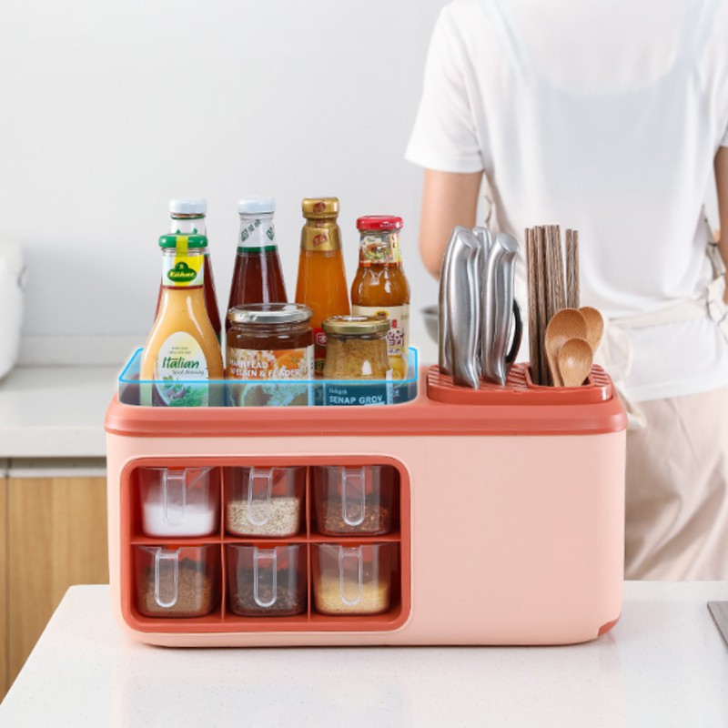 Hộp Đựng- Kệ gia vị nhà bếp kèm giá dao, đũa, thìa, chất liệu nhựa cao cấp có 6 ngăn đựng gia vị, cài dao, kéo, đũa thìa