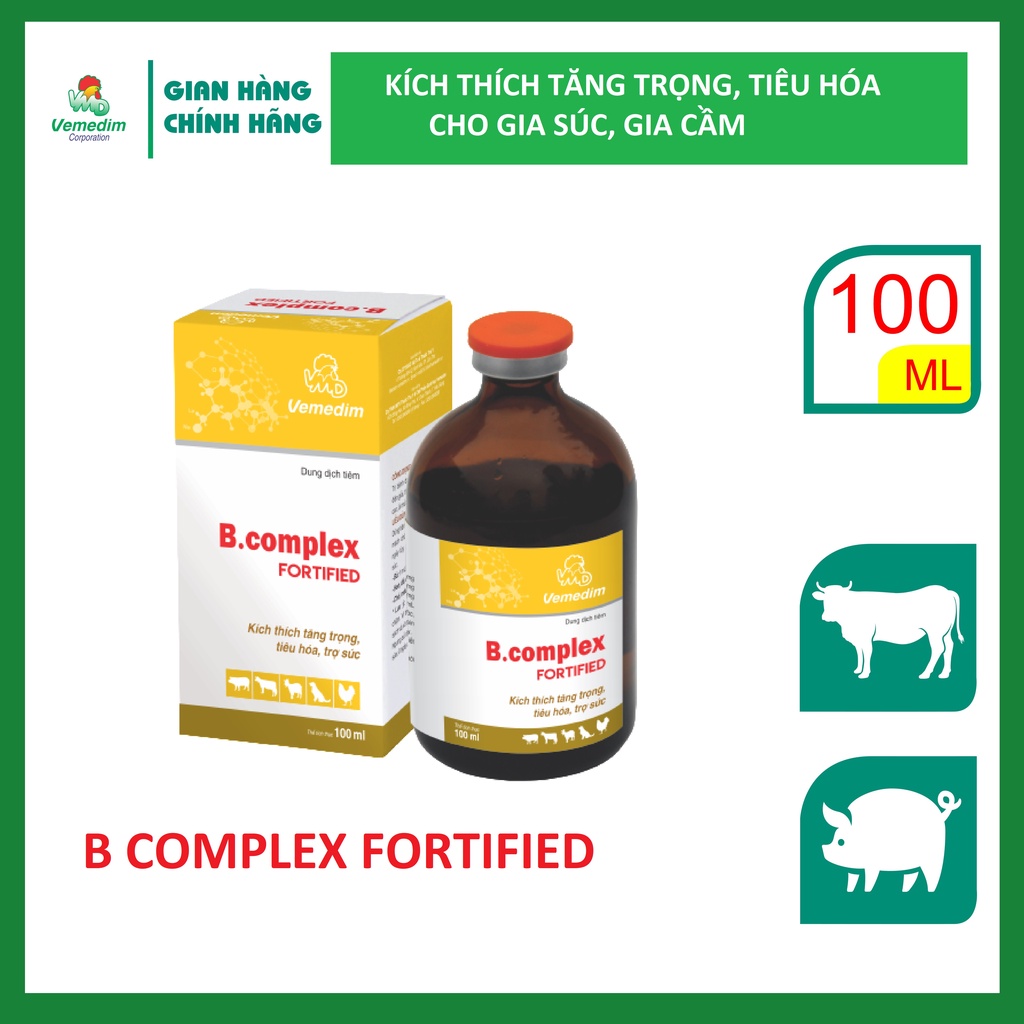 Vemedim B complex fortified dùng cho gia súc, gia cầm giúp tăng trọng, trợ sức, tiêu hóa, chai 100ml