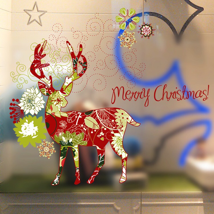 Decal dán kính cao cấp - Con Tuần Lộc Đỏ Merry Chritmas ( 60x58 )