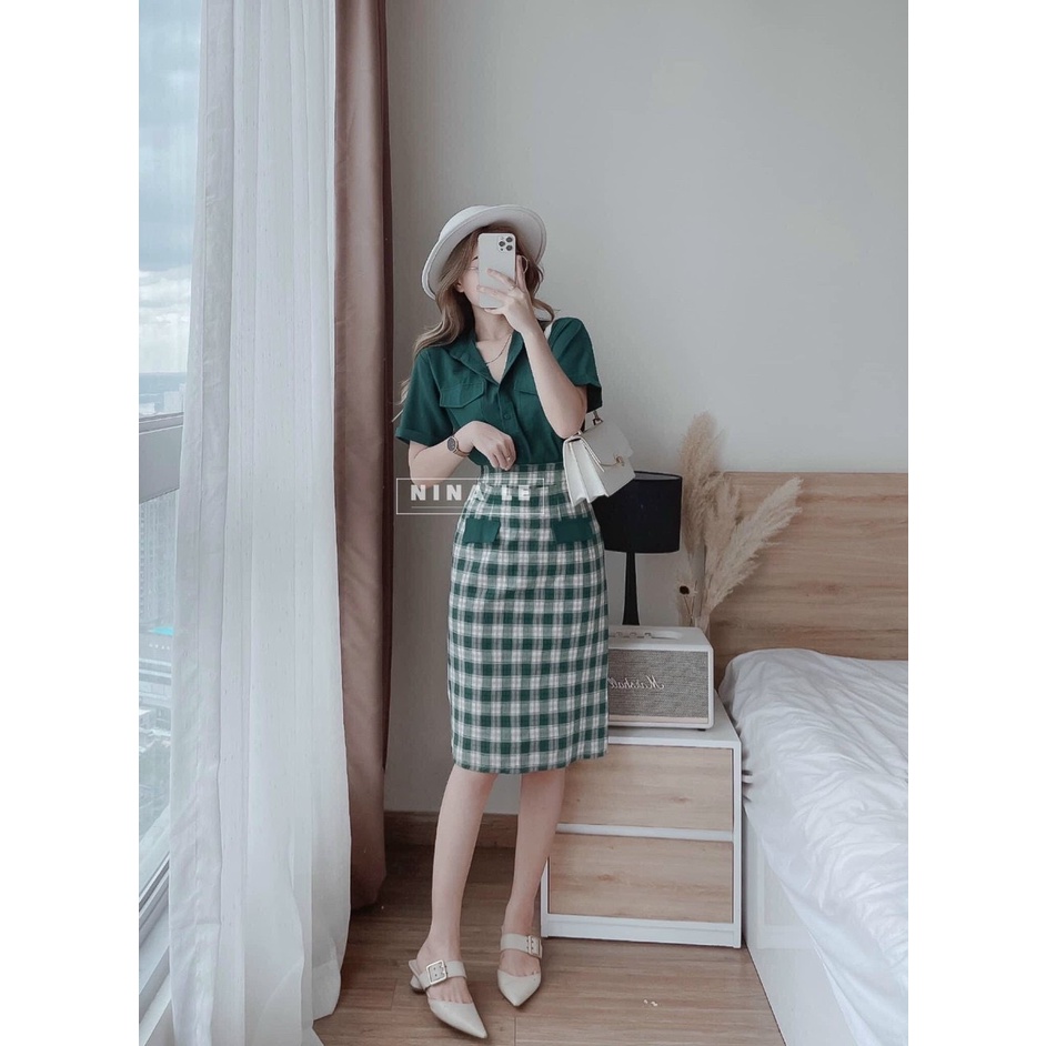 Sét bộ đồ nữ chân váy kẻ xanh phối áo sơ mi cộc xanh vải mát thích hợp đi dạo phố