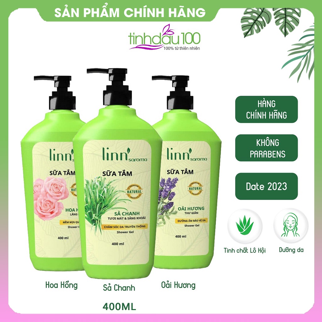 Sữa tắm Linn Saroma Hoa hồng, Oải hương, Sả chanh dưỡng ẩm, sáng da, hương thơm thư giãn chai 400ml Tinh Dầu 100 Shop