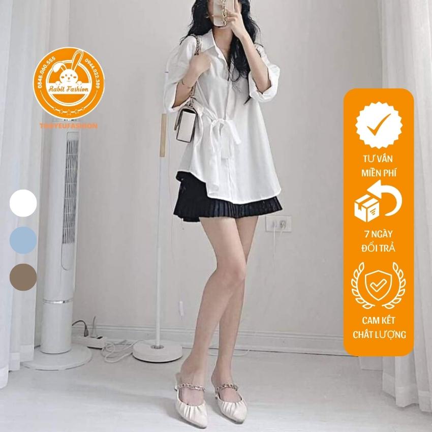 Áo Sơ Mi Buộc Nơ Eo hàn quốc THOYEUFASHION, Áo Sơ Mi Vải Đũi Lụa Trơn Có Dây Thắt Eo Tôn Dáng Freesize - M221