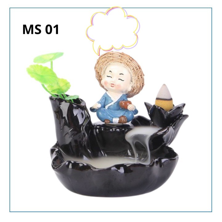 Thác Khói Trầm Hương Cao Cấp Hình Chú Tiểu - Thác Đốt Trầm khói ngược [Nhang Trầm Sạch Búp Sen]