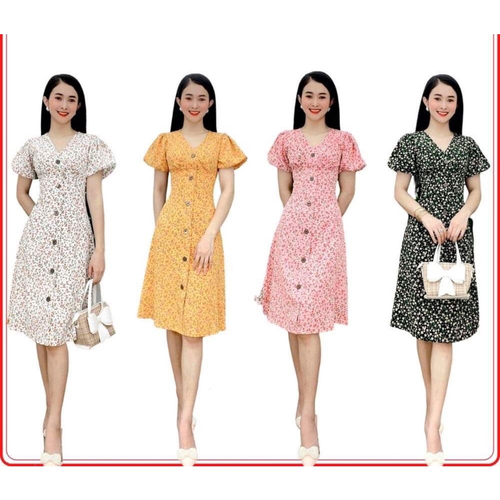 Đầm hoa nhí cổ v tay phòng dáng xòe