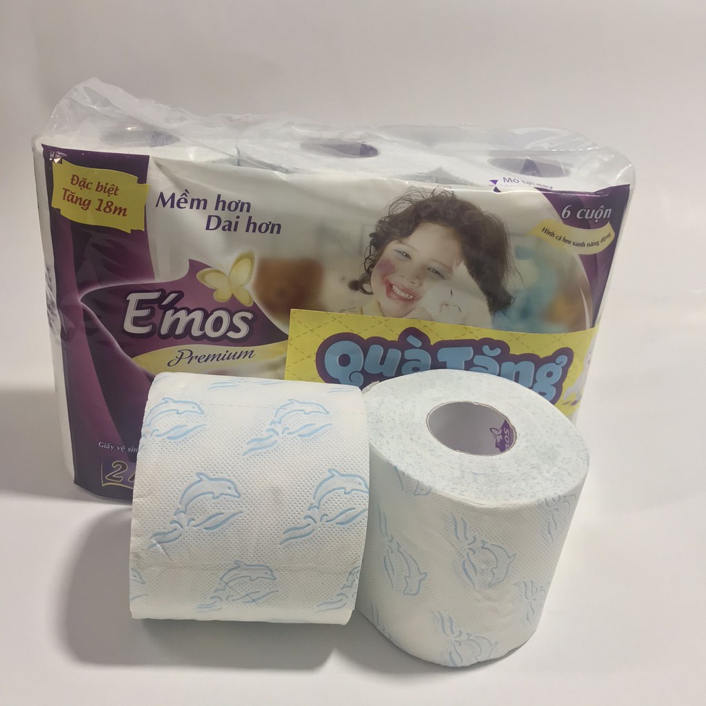 Lốc 6 cuộn giấy vệ sinh E'mos Premium cá heo xanh 2 lớp mềm mịn