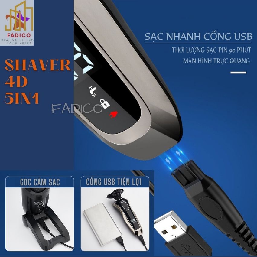 [HCM]Máy cạo râu đa năng Shaver 4D 5in1, Máy cạo râu thông minh cổng sạc USB-FADICO