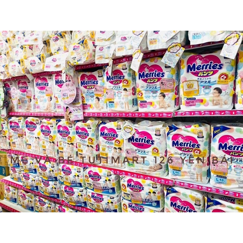 Tã Merries Nhật Bản Dán/ Quần NB90/S82/M64/M58/L54/L44/Xl44/XL38/XXL26