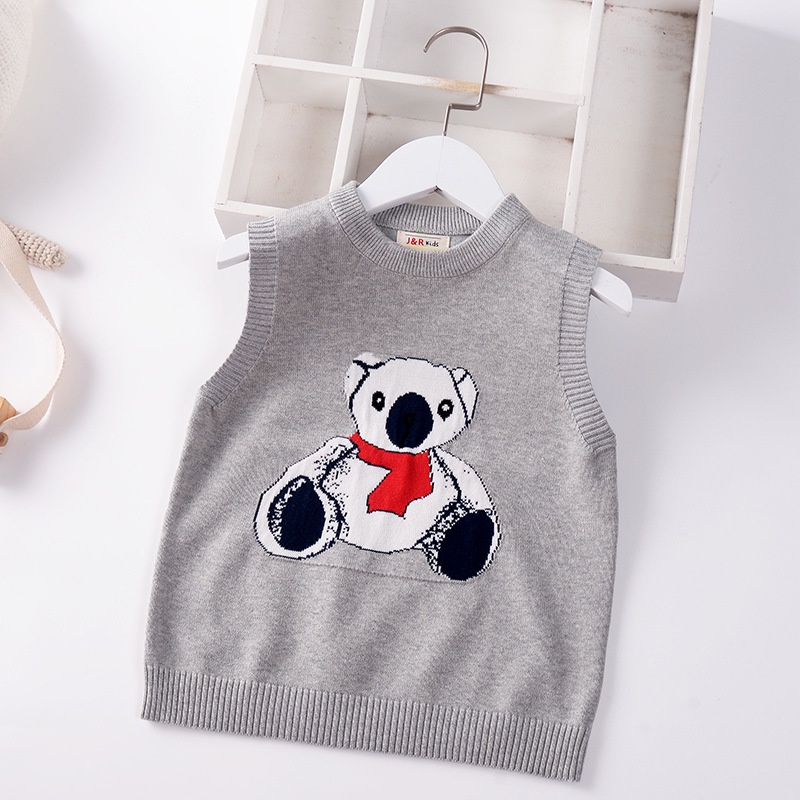 Áo len gile cho bé cổ tròn hình Gấu, Gile len bé gái 3-8 tuổi đanh sợi không bai xù