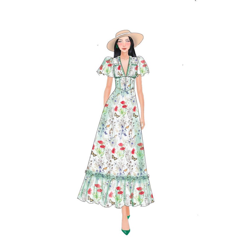 Đầm maxi dài cổ V váy nữ vải tơ hoạ tiết hoa bướm in thiết kế sang chảnh mặc đi chơi du lịch biển nghỉ mát resort dựtiệc