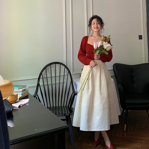 Áo sweater ZHELIHANGFEI dệt kim cổ vuông tay phồng kiểu retro dễ phối đồ