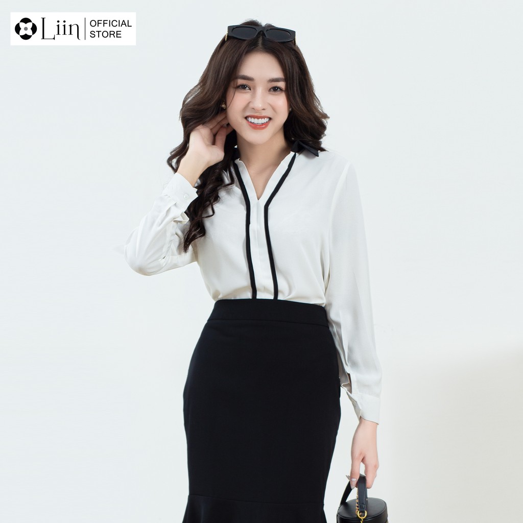 Áo sơ mi trắng nữ Linbi dài tay, thiết kế cổ V xinh xắn Liin clothing SM3173