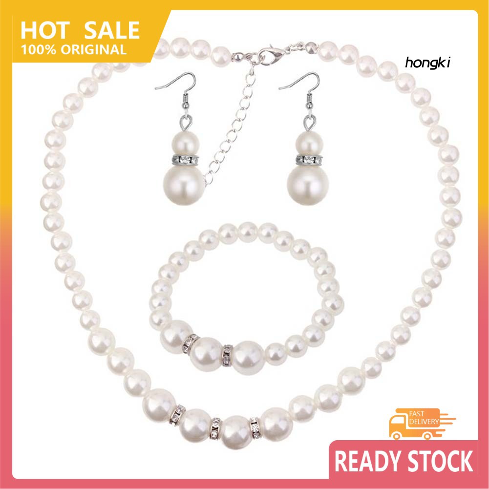 (Hàng Mới Về) Bộ vòng cổ + Bông Tai + Vòng Tay Đính Ngọc Trai Giả Sang Trọng Cho Nữ