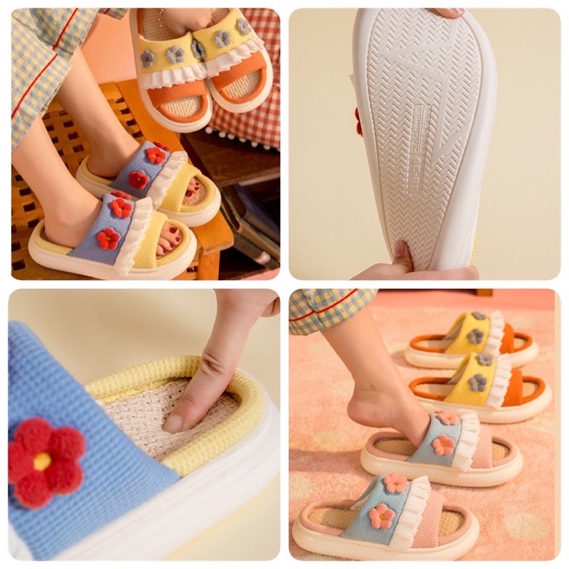 Dép cute quai ngang bông hoa, dép nữ cute đế bánh mì đế cao 3cm êm chân chống trượt