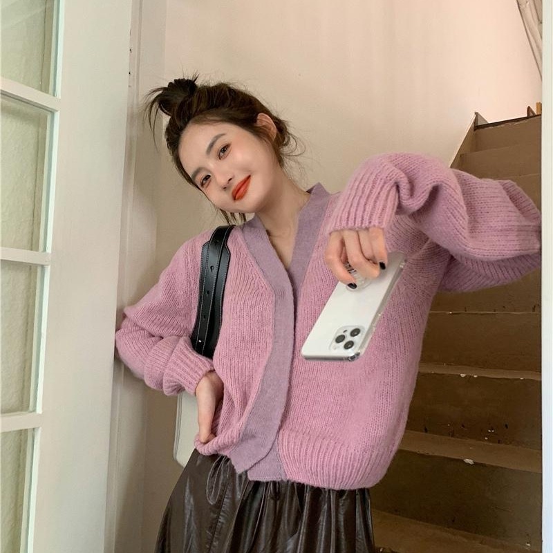 Áo khoác Cardigan dệt kim cổ chữ V phong cách Retro Hong Kong mới cho nữ