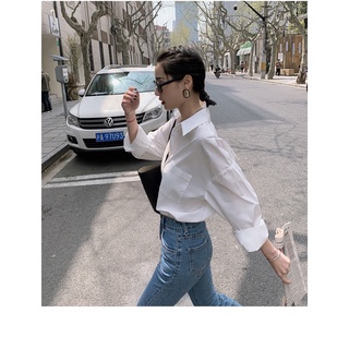 [Ảnh thật] Áo sơ mi trắng basic túi ngực oversize