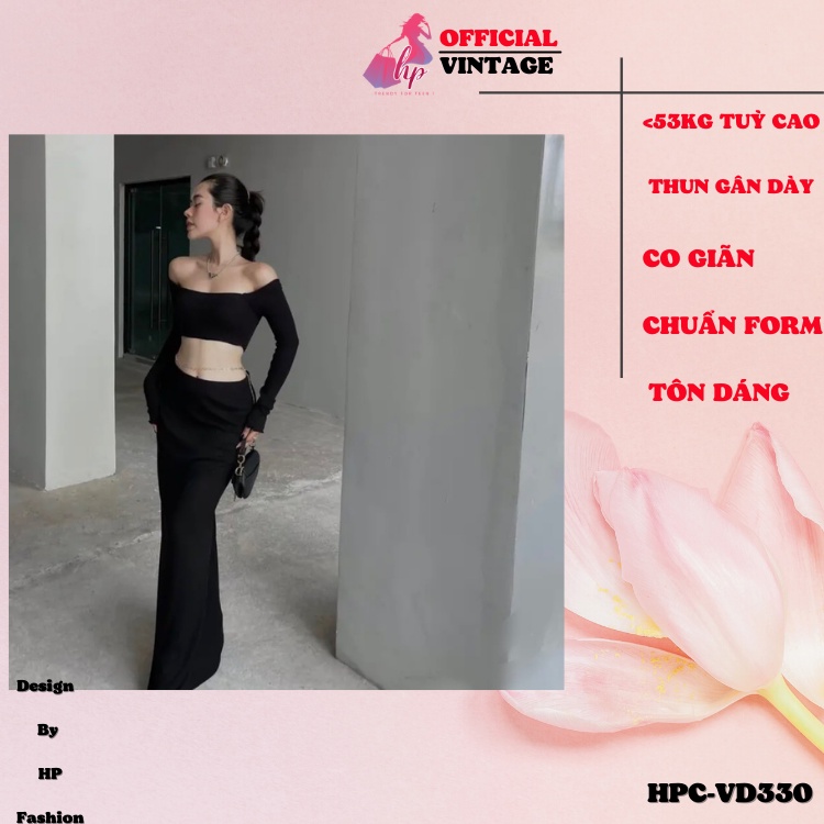 Set áo trễ vai croptop tay dài kèm chân váy xẻ tà đùi màu đen thun xịn kiểu hàn quốc tôn dáng VD330