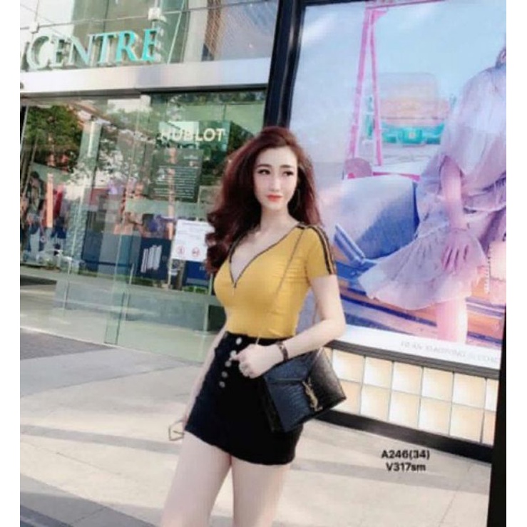 Áo thun croptop cổ trụ phối dây kéo cao cấp