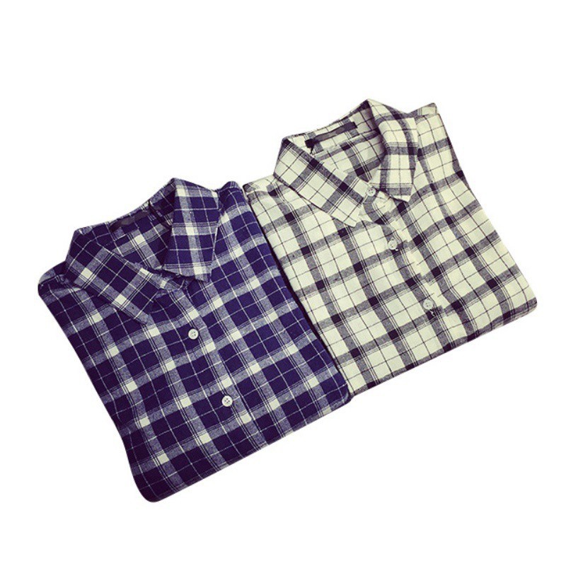 Áo sơ mi dáng dài tay dài họa tiết sọc caro chất liệu cotton thời trang cho nữ