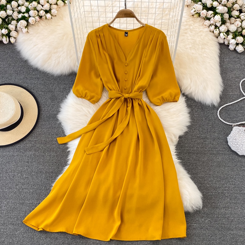 Đầm Tay Ngắn Cổ Chữ V Phong Cách Retro Thời Trang Mùa Hè Cho Nữ