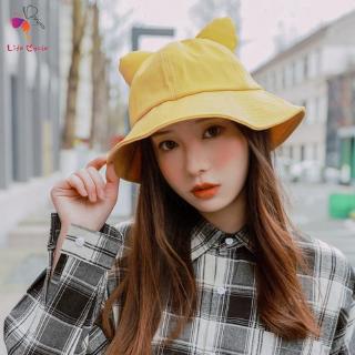 LC Girl Bucket Hats Cute Cat Ears Hat Female Japanese Literary Cat Ears Ruffle Bucket Hats
