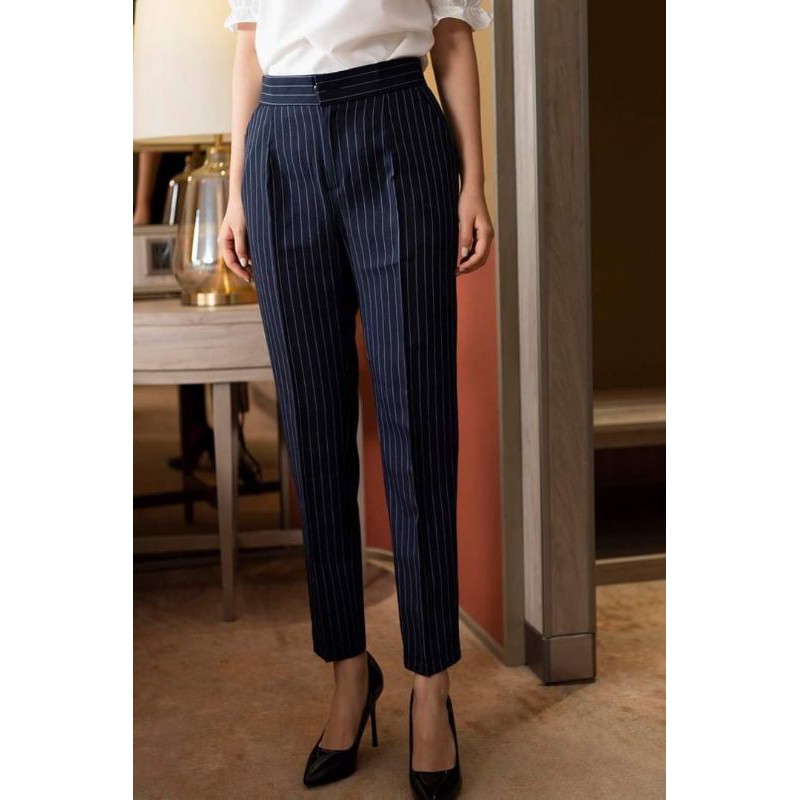 Quần tây công sở  nữ [HÀNG VNXK] kẻ dọc cạp to 6cm chất tuyết mưa co dãn nhẹ mặc siêu tôn dáng | BigBuy360 - bigbuy360.vn