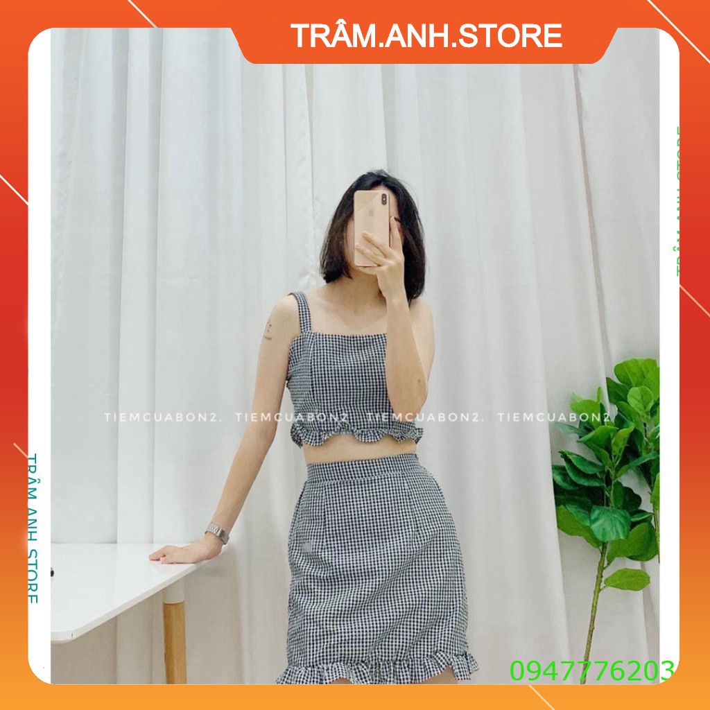 SET ÁO 2 DÂY CHÂN VÁY KẺ Ô VIỀN BÈO TÍM ĐEN XANH ULLZANG - SET ÁO CROPTOP CHÂN VÁY CARO HOT 👗 👑