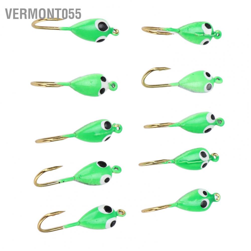 Vermont055 10Pcs Ice Fishing Jigs Barbed Winter Jigging Lures Mini Hook Accessories Green Tadpole Shape
