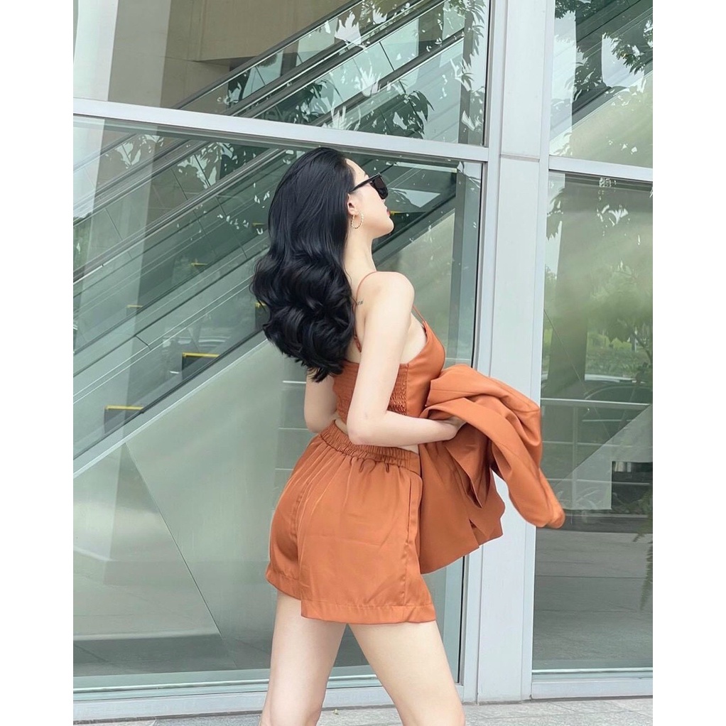 [9.9 Sales Freeship] Set bộ đùi nữ 3 món, set áo vest trơn màu tay ngắn mix quần short phồng kèm áo bra đi biển dx
