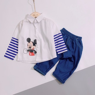 Set bộ áo sơ mi in hình mickey tay kẻ mix quần jean cho bé trai