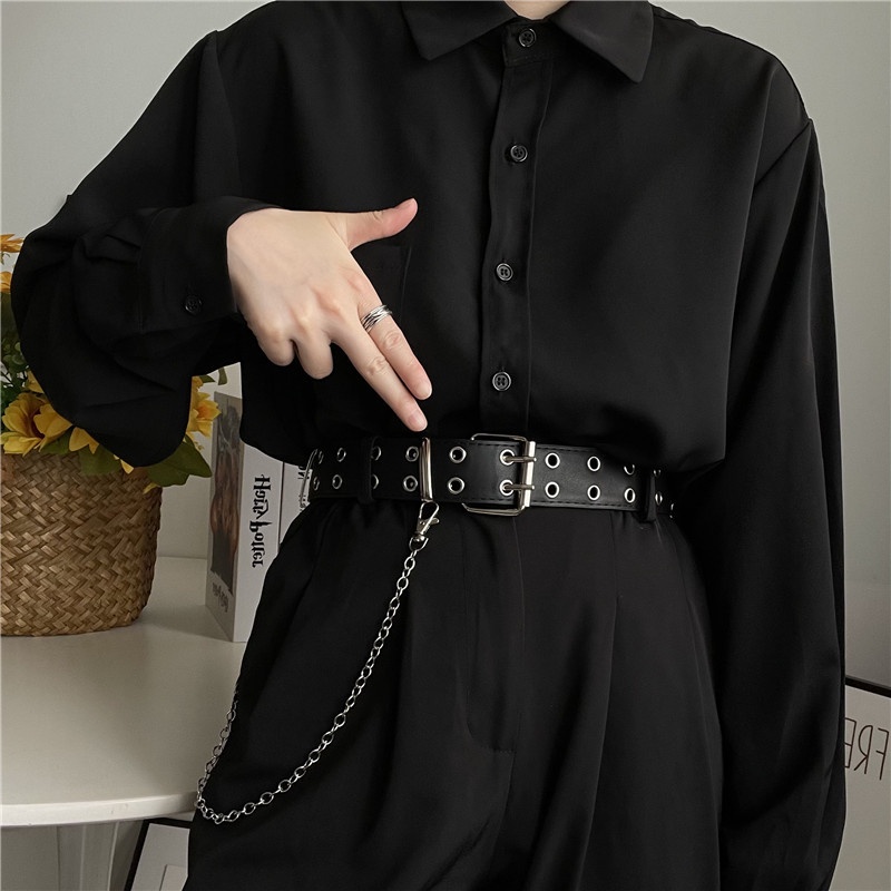 Thắt Lưng Hai Hàng Lỗ Phối Dây Xích Phong Cách Hiphop Đường Phố Trẻ Trung Cho Nam