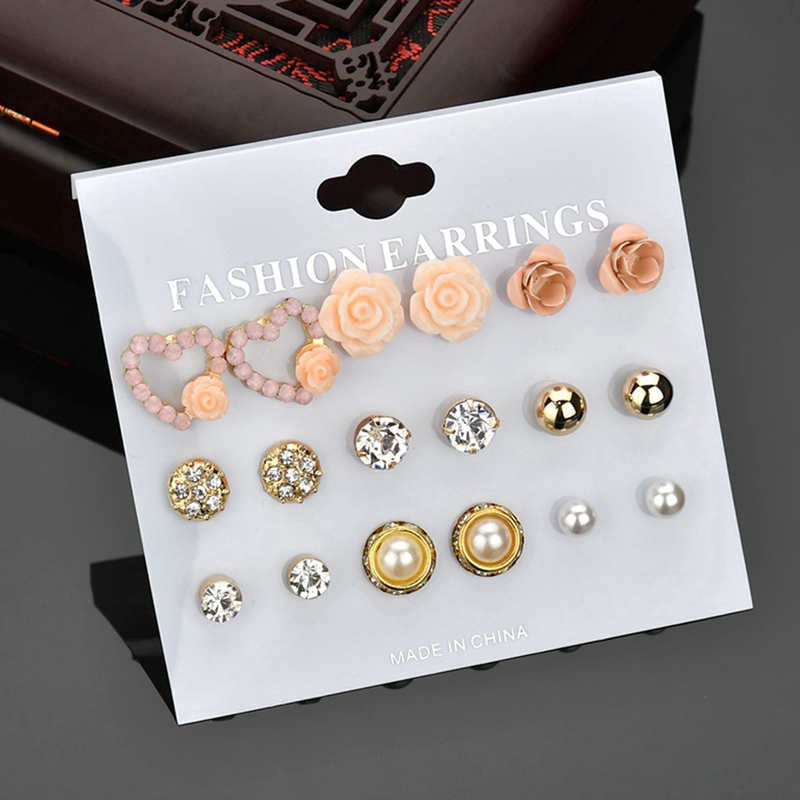 Set 9 đôi khuyên tai pha lê/hoa/ngọc trai/kim cương giả phong cách Hàn Quốc cho nữ