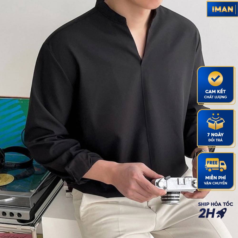 Sơ Mi Nam Cổ Tàu - Cổ Chữ V Hàn Quốc form Rộng Unisex, Áo Sơ Mi Nam Nữ Dài Tay iManlux