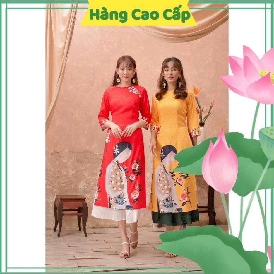 Áo Dài Cách Tân, Áo Dài Nữ Cổ Tròn Chất Gấm Lụa Mềm Co Giãn In Họa Tiết Cô Gái Lạ Mắt Thời Trang Sang Chảnh Quý Phái.