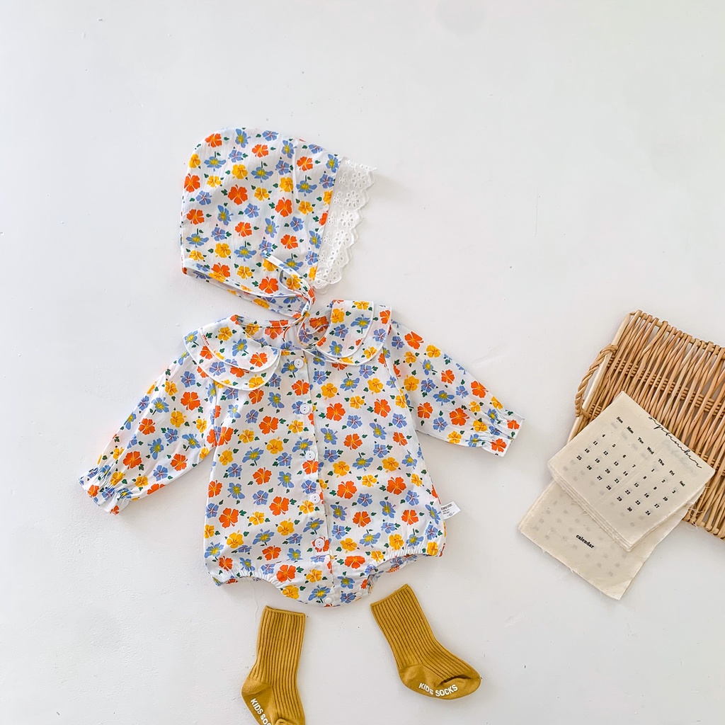 Bộ áo liền quần + mũ in hoa xinh xắn cho bé gái sơ sinh