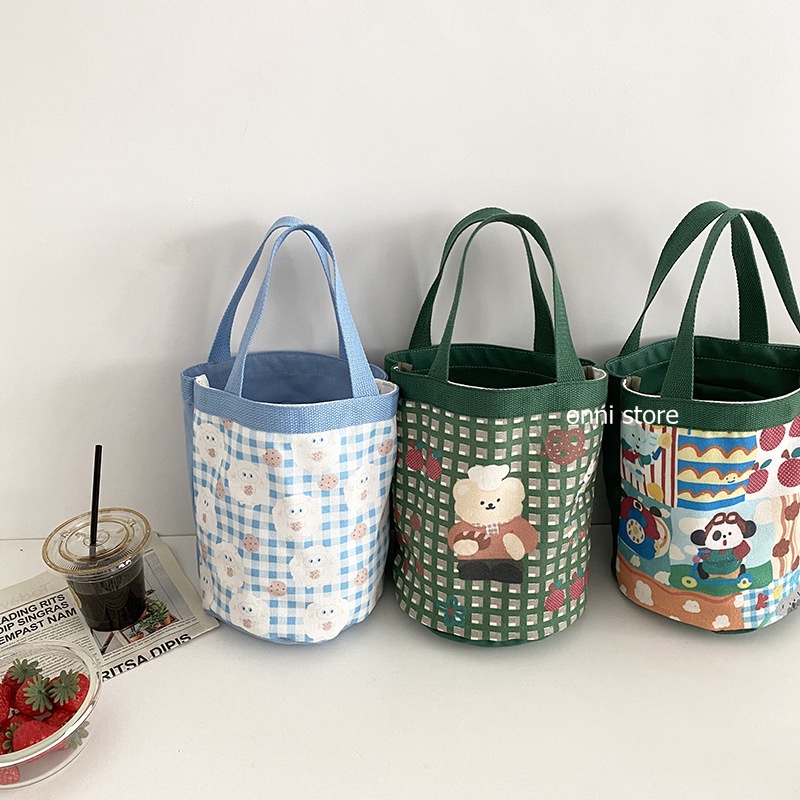 Túi xách canvas dày họa tiết hình gấu/cừu phong cách Nhật Hàn đáng yêu dành cho bạn nữ