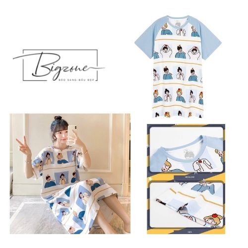 Váy Ngủ Nữ Cộc Tay Đầm Ngủ Dễ Thương Dáng Suông Bigsize Chất Cotton Mềm Mại Họa Tiết Hoạt Hình VN203