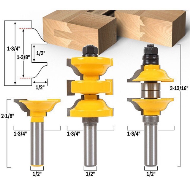 Bộ mũi dao phay gỗ ghép mộng cửa loại dày cốt 12ly7 - Mũi soi máy phay gỗ router cầm tay