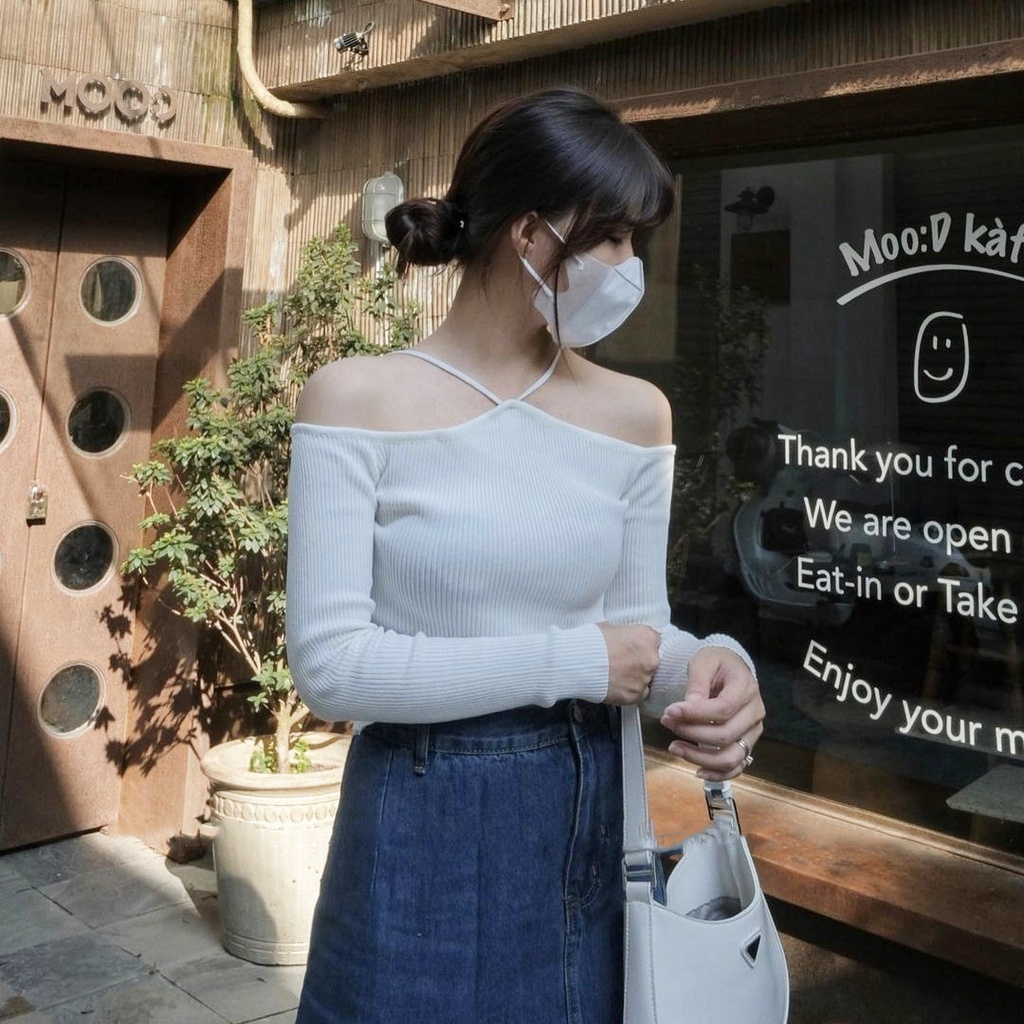 [FREESHIP] Áo len tăm trễ vai phối dây cách điệu (hàng QC) - Ảnh thật