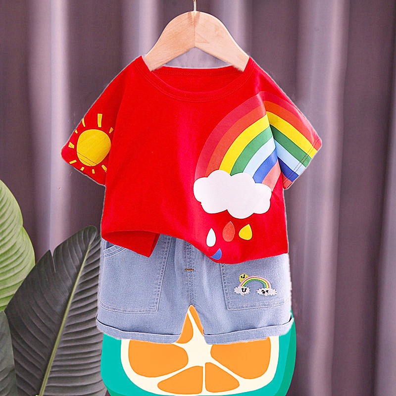 Áo Thun Cotton Tay Ngắn In Họa Tiết Cầu Vồng Phối Quần Short Denim Thời Trang Cho Bé Trai