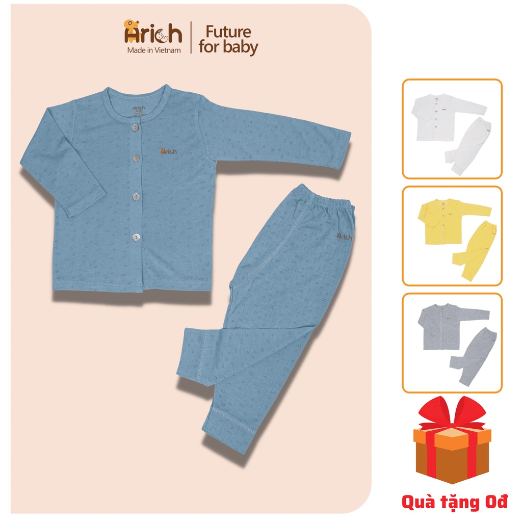 Bộ quần áo dài tay cài thẳng Arich vải sợi tre, quần áo trẻ em mềm mịn, mát, co giãn 4 chiều