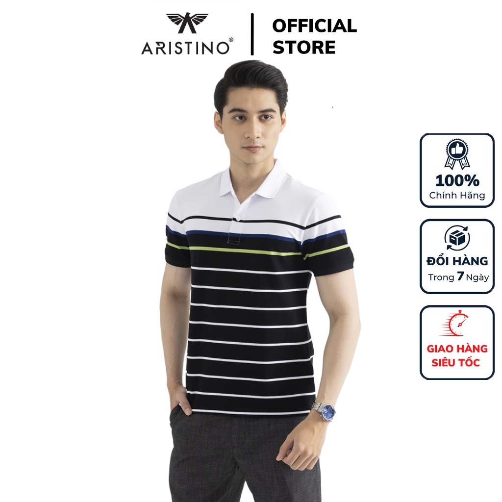 Áo thun polo nam Aristino APS127S2 phông ngắn tay có cổ bẻ dáng suông vừa màu đen kẻ ngang vải cotton cao cấp mềm mại